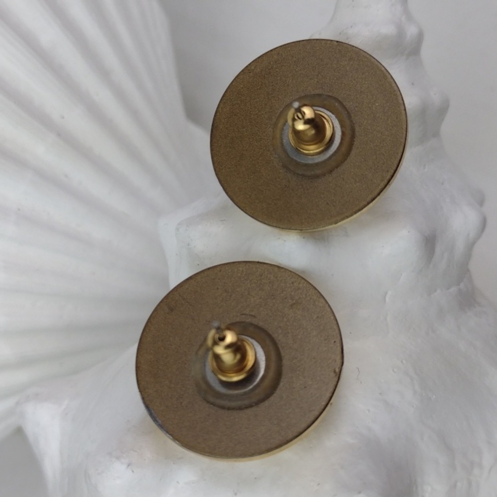 Gold Tone Yellow Button Pierced Earrings - Picture 3 of 4